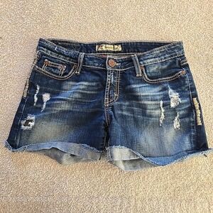 BKE Denim Madison Low Rise Distressed Rough Hem Shorts Womens 28 Blue Y2K Vibes